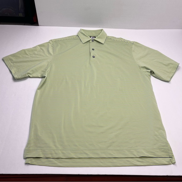 FootJoy Mens Size Medium Green Grey Gray Striped Short Sleeve Polo Shirt‎ Golf - Picture 1 of 9